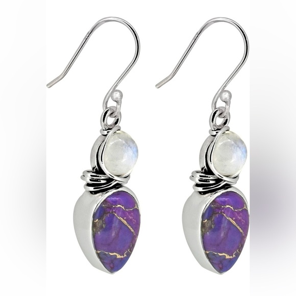 Sterling Silver Purple Copper Turquoise Rainbow Moonstone earrings - Picture 2 of 9